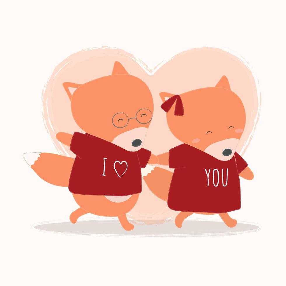 Ilustración vectorial de fox cogidos de la mano con el fondo del corazón. dos zorros tomados de la mano. ratón de diseño plano. papel tapiz de animales. vector