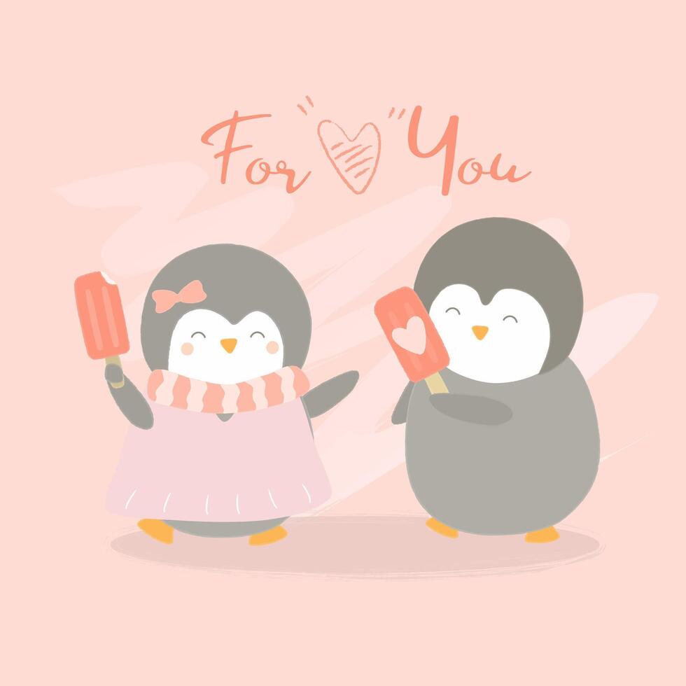 ilustración vectorial de pareja de pingüinos. pareja de dos pingüinos con helado en las manos. diseño plano para el amor. papel tapiz de animales. vector