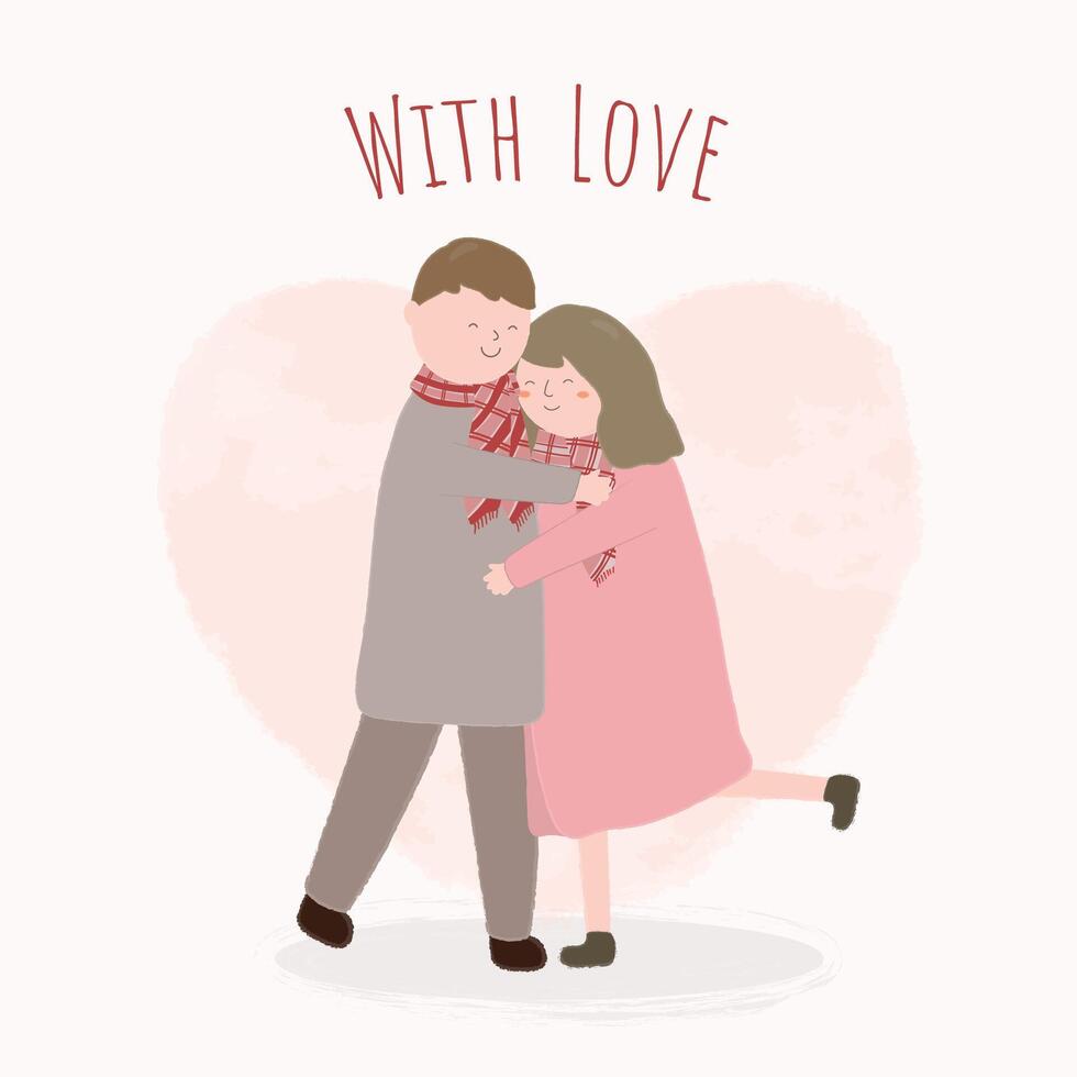 concepto de festival de feliz día de san valentín con pareja abrazándose. pareja amorosa delante del fondo del corazón y con la ilustración de vector plano de emoción de amor.