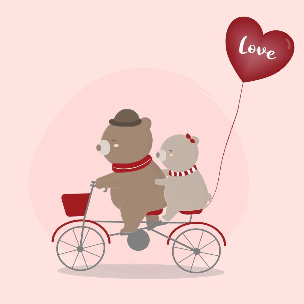 Greeting card with love. Illustration of two bears on a bicycle. vector