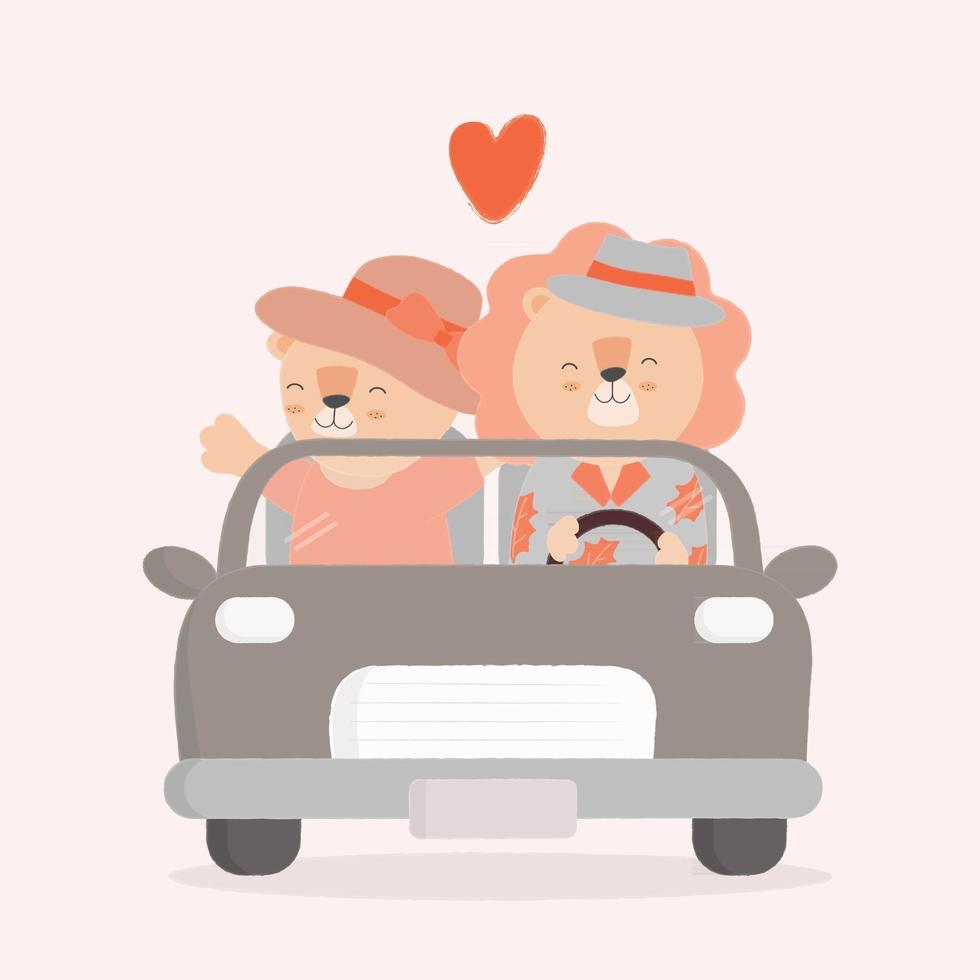 Dos linda pareja de leones conduciendo un coche con amor de fondo de corazón en la espalda. Ilustración sobre el amor y el día de San Valentín. vector