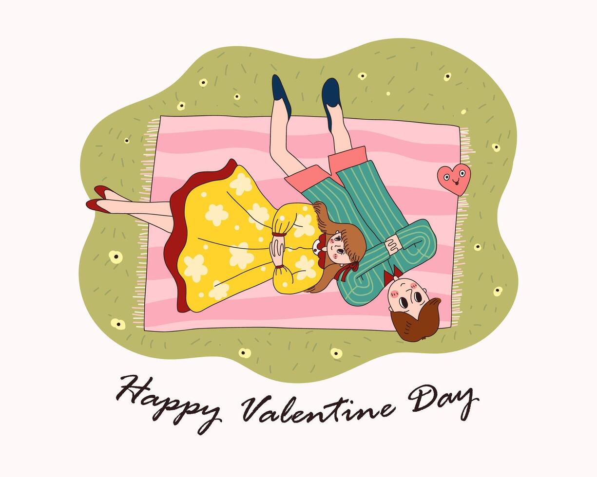 el amor es concepto tarjeta de san valentín pareja orgánica está en alfombra, jardín botánico de vegetación natural. Ilustración de vector de feliz día de San Valentín.