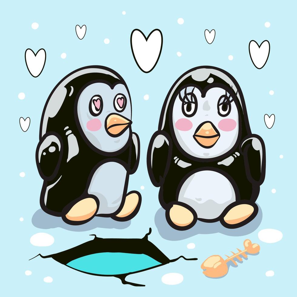 tarjeta de felicitación romántica con dos pingüinos. ilustración vectorial de linda pareja amorosa. tarjeta sobre la amistad y el amor. tarjeta del día de San Valentín, póster o plantilla de impresión. vector