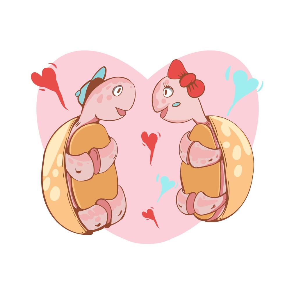 tarjeta de felicitación romántica con dos turles. ilustración vectorial de linda pareja amorosa. tarjeta sobre la amistad y el amor. tarjeta del día de San Valentín, póster o plantilla de impresión. vector