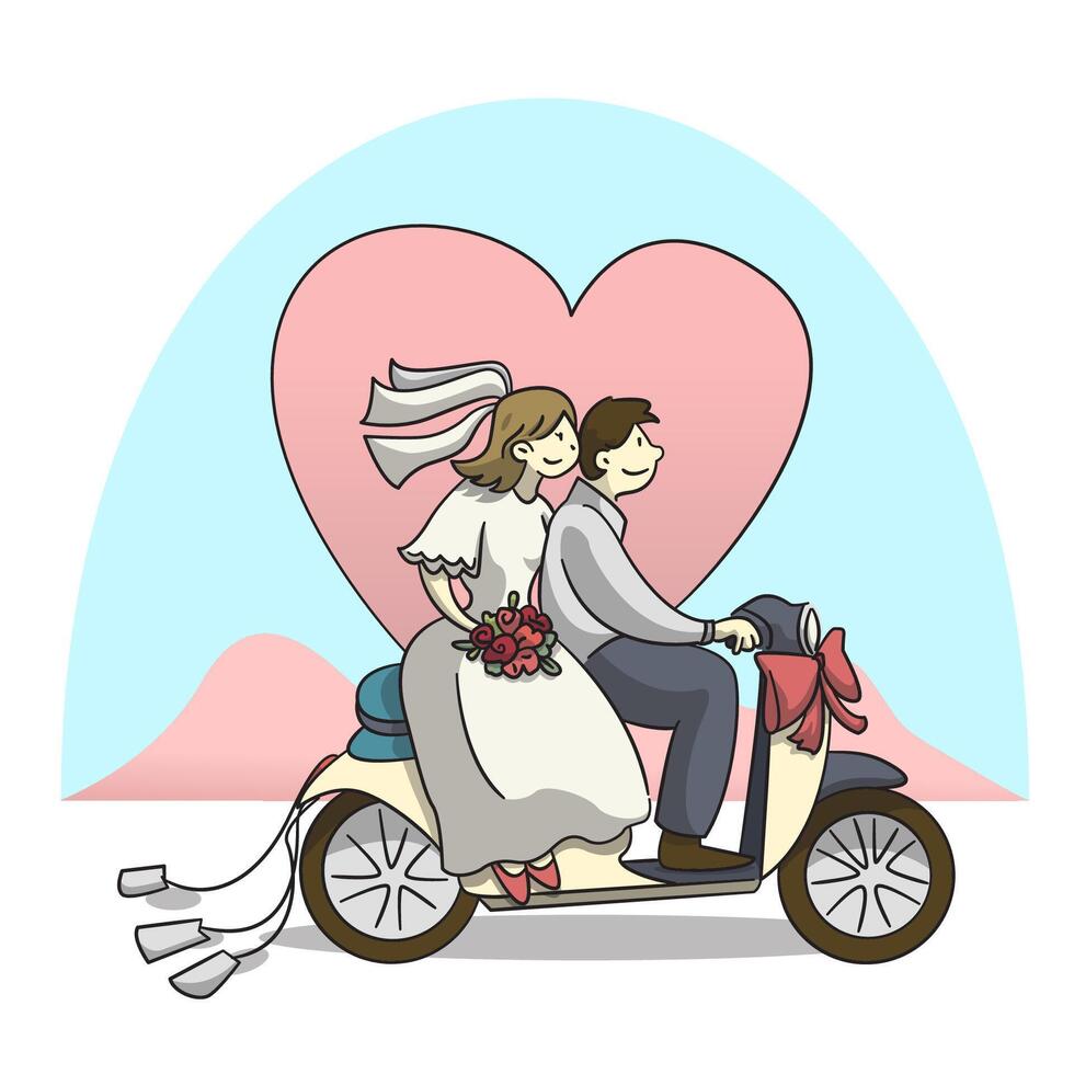 vector illustration of love couple on a scooter on nature heart shape background, cartoon style