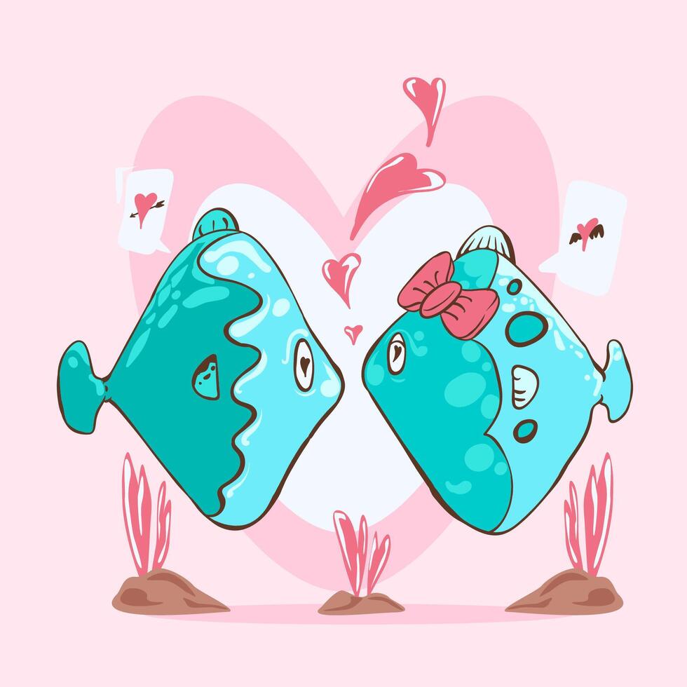 tarjeta de felicitación romántica con dos peces. ilustración vectorial de linda pareja amorosa. tarjeta sobre la amistad y el amor. tarjeta del día de San Valentín, póster o plantilla de impresión. vector