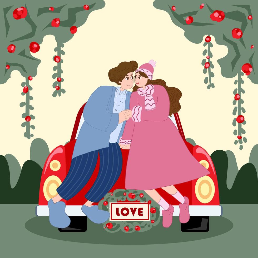 Two Happy lovers sitting on top of the car and look at each other. Modern design stylish illustration. Valentine's Day Card. vector