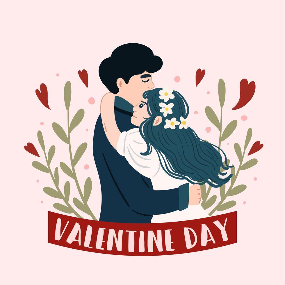 tarjeta del día de san valentín, ilustración vectorial, pareja feliz, amor, abrazos, personajes de dibujos animados, cita romántica vector