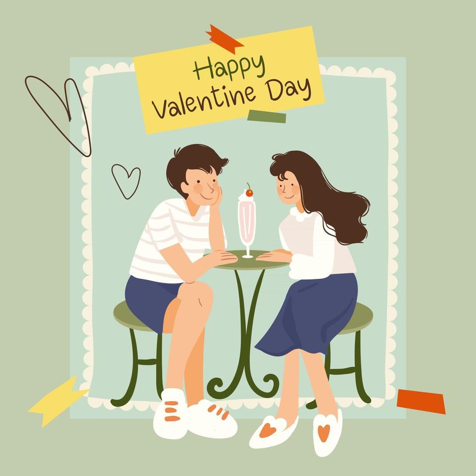 pareja sentada en una silla en una cita, día de san valentín, la inscripción a mano sea mi san valentín. ilustración vectorial vector