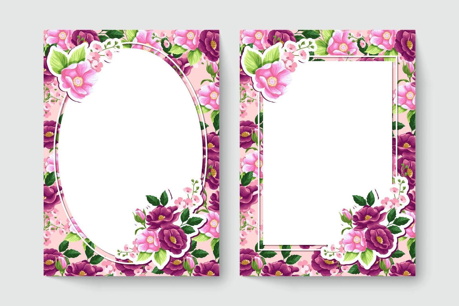 tarjeta botánica con flores de color rojo y rosa, hojas. concepto de adorno de primavera. cartel floral, invitar. diseño vectorial tarjeta de felicitación decorativa o fondo de diseño de invitación. ilustración dibujada a mano vector