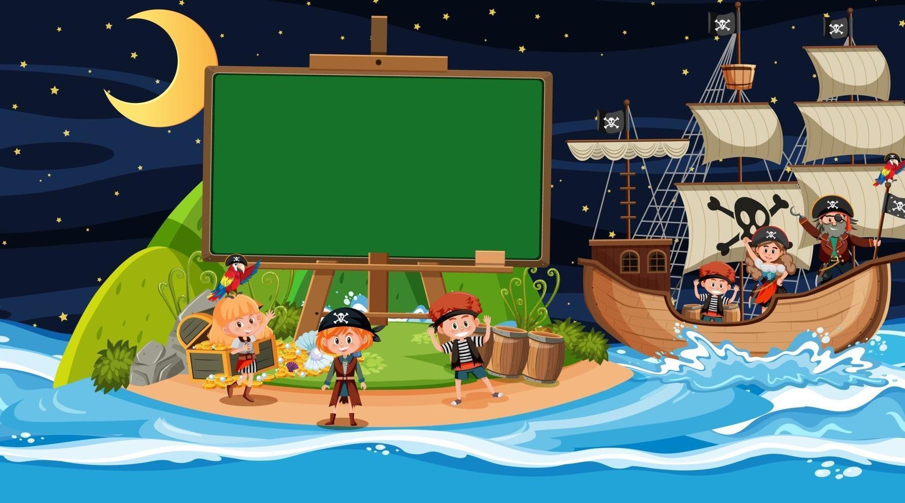 Pirate kids at the beach night scene with an empty banner template vector