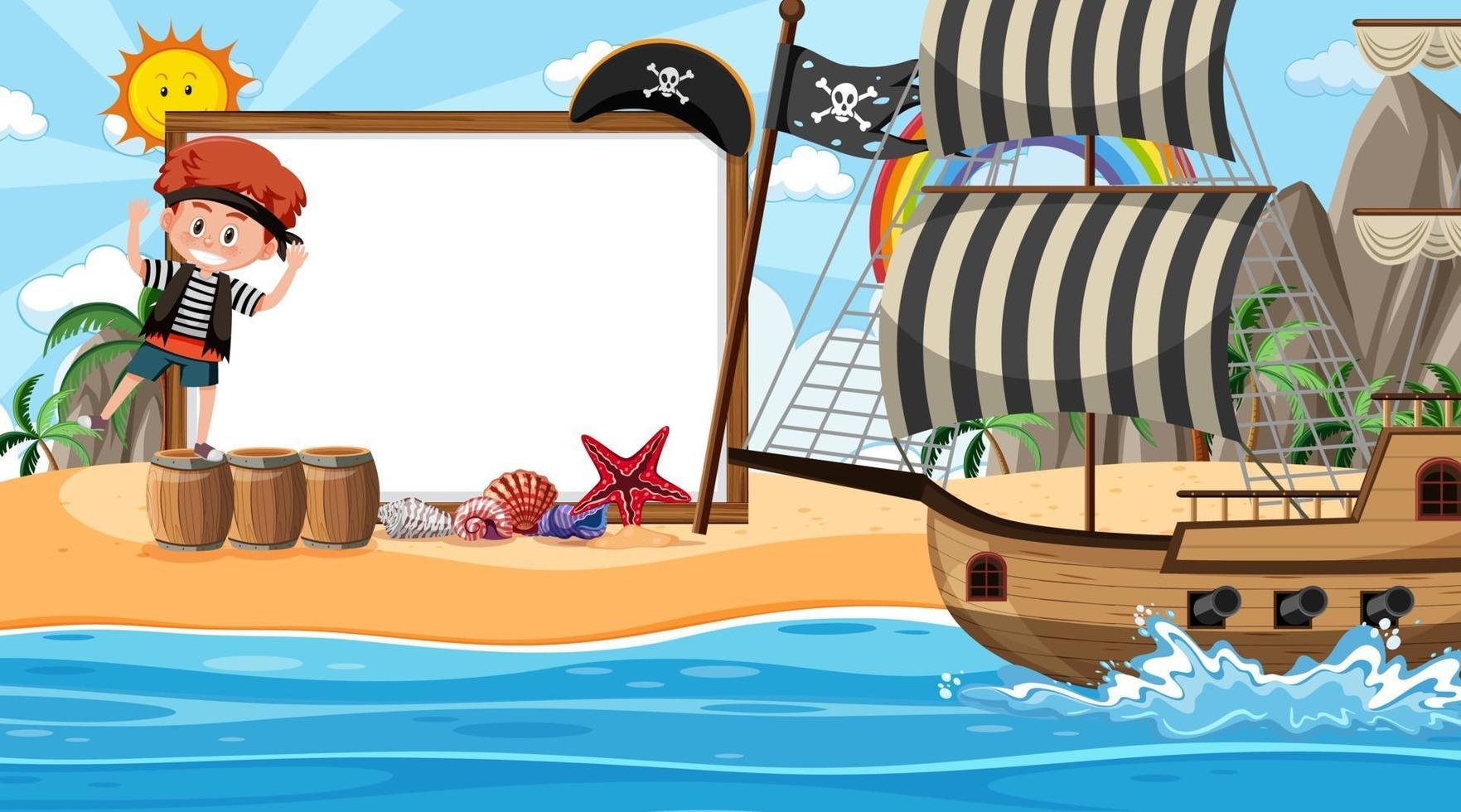 Empty banner template with pirate kids at the beach daytime scene vector