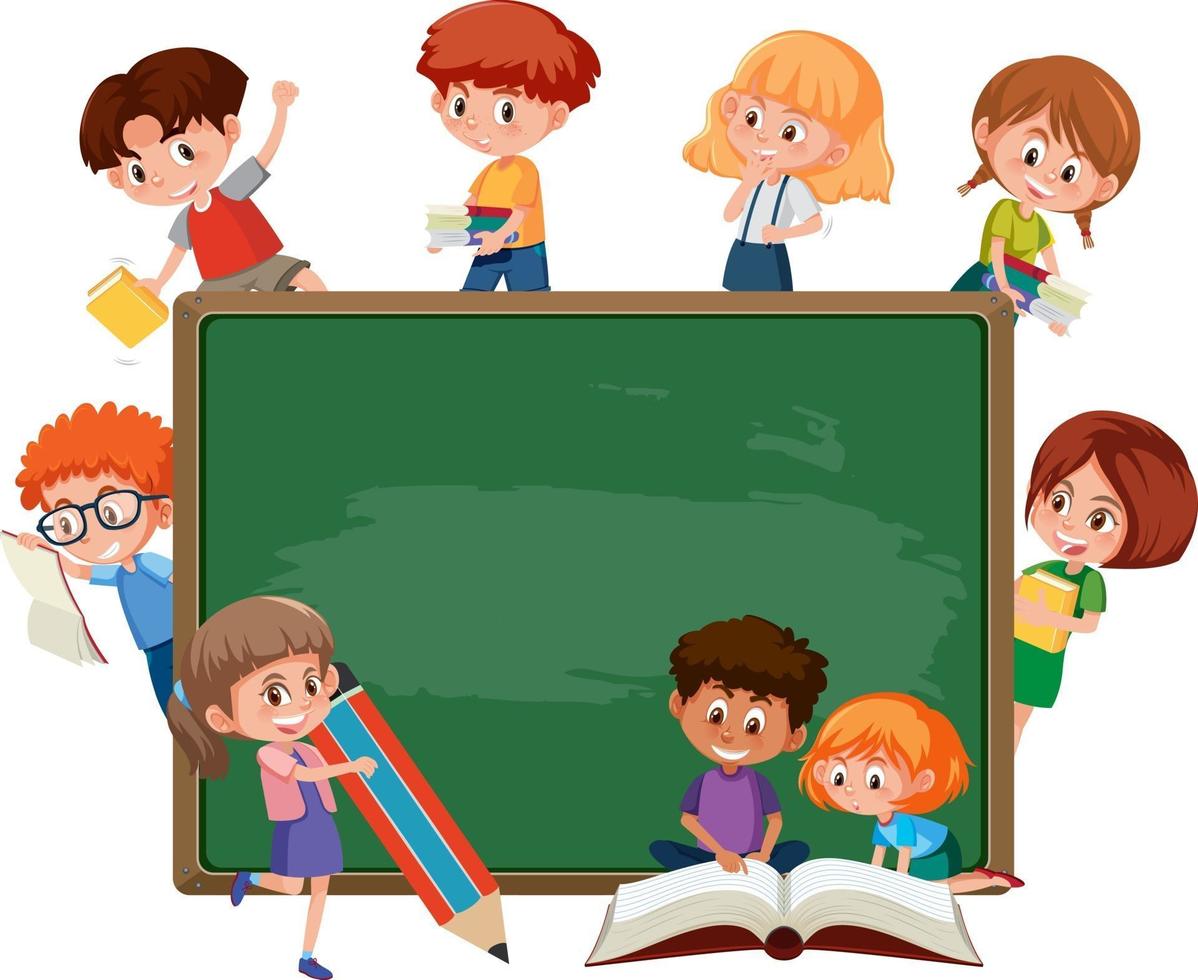 Empty blackboard with many school kids cartoon character vector