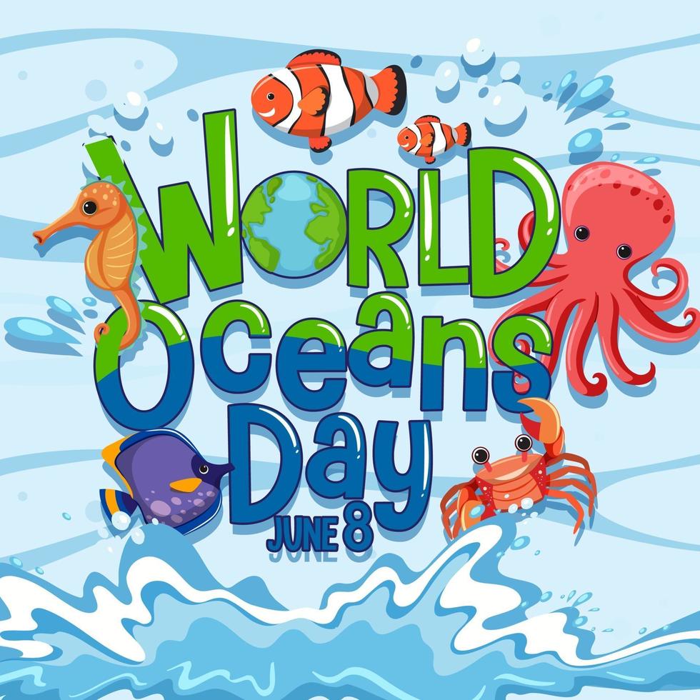 World Ocean Day banner with many different sea animals vector