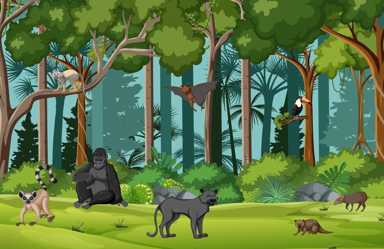 Escena de la selva tropical con varios animales salvajes. vector