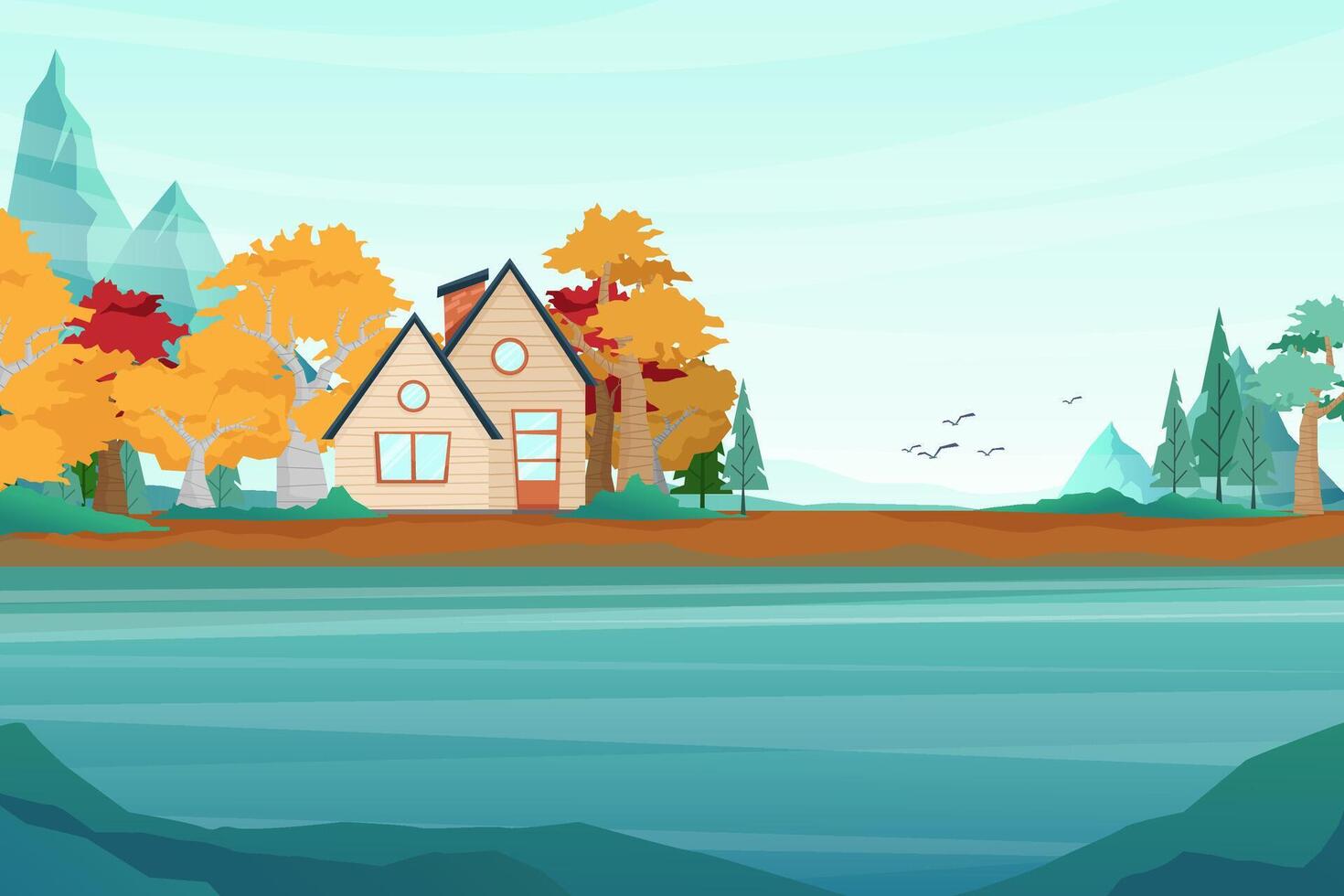 La mejor ubicación en la naturaleza con casa y paisaje de lago de montaña ilustración vectorial vector