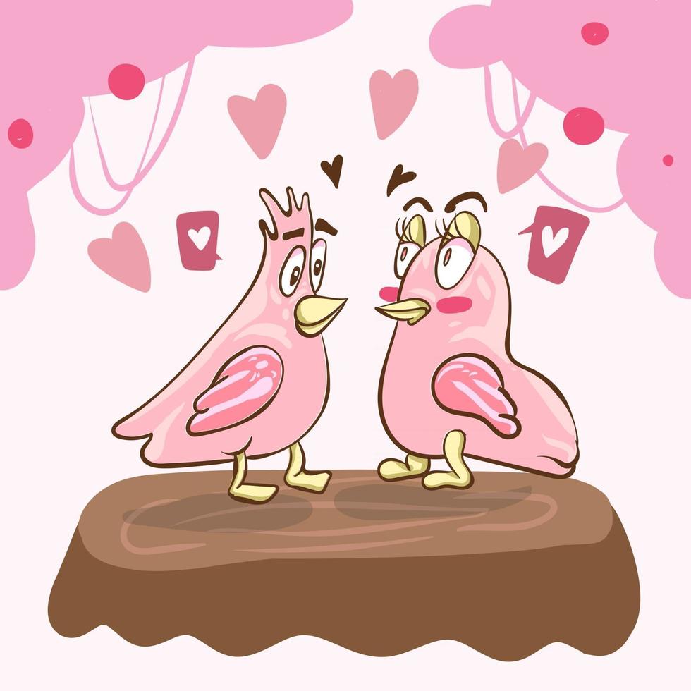 Romantic greeting card with two birds. Vector Illustration of cute loving couple. Card about friendship and love. Valentine s Day card, poster or print template.
