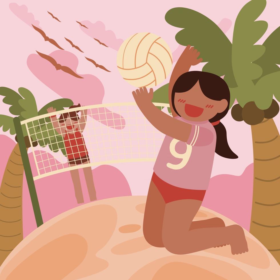 A female volleyball player getting ready to spike the ball with a flowing net in front of her. vector