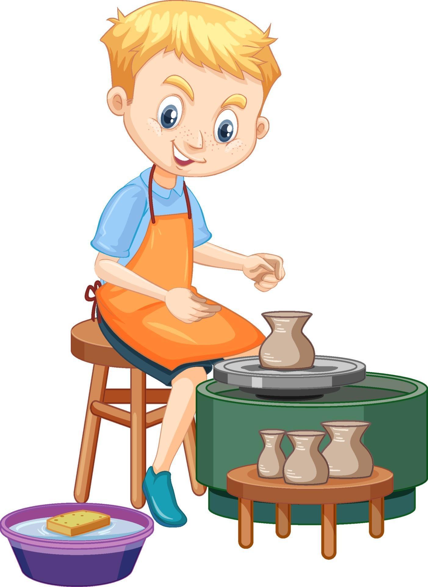 Cartoon character boy making pottery clay on white background 2918422