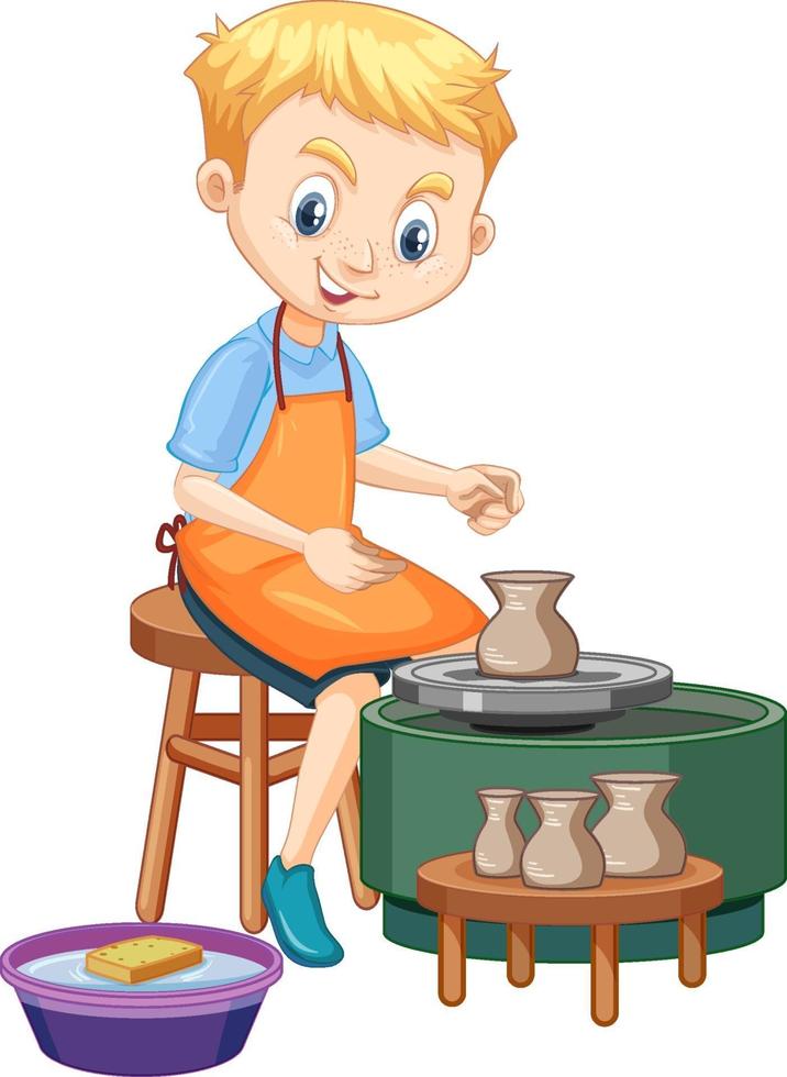 Cartoon character boy making pottery clay on white background vector