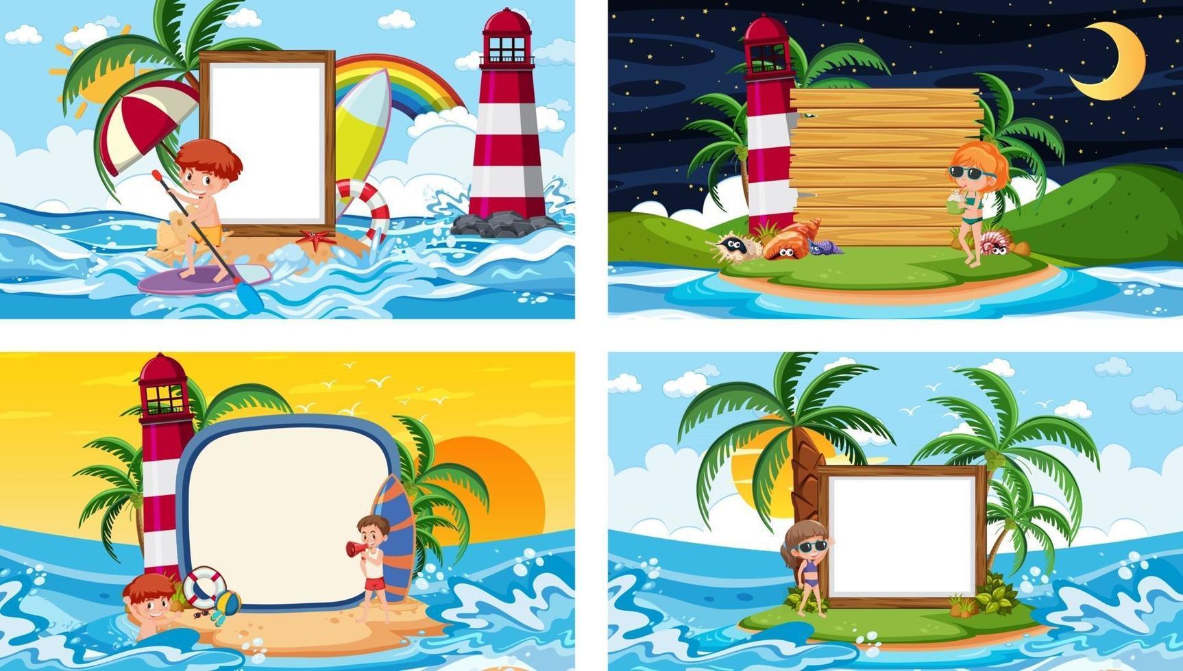 conjunto de pancartas en blanco en diferentes escenas de playas tropicales vector