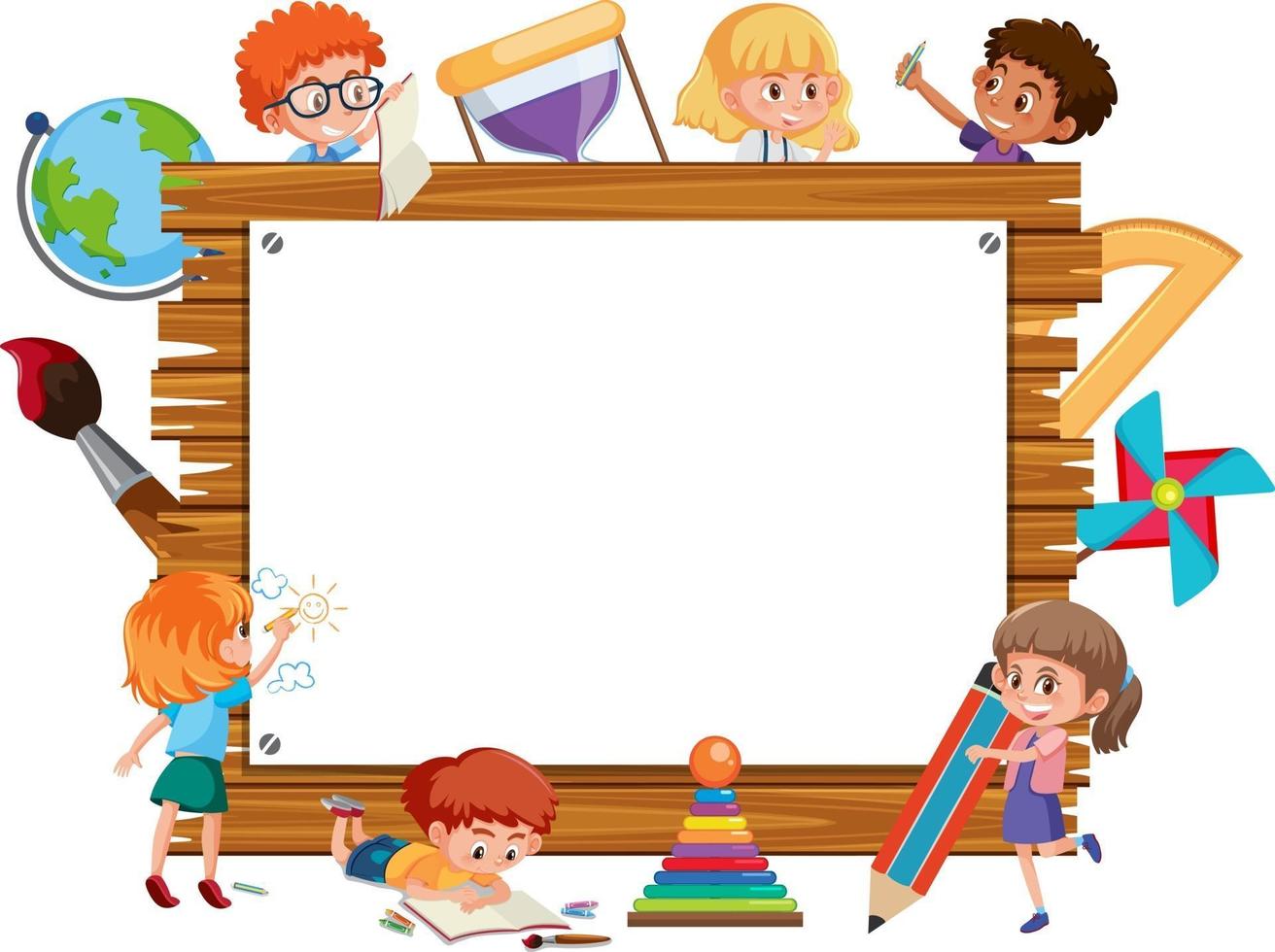 Empty wooden frame with many school kids cartoon character vector