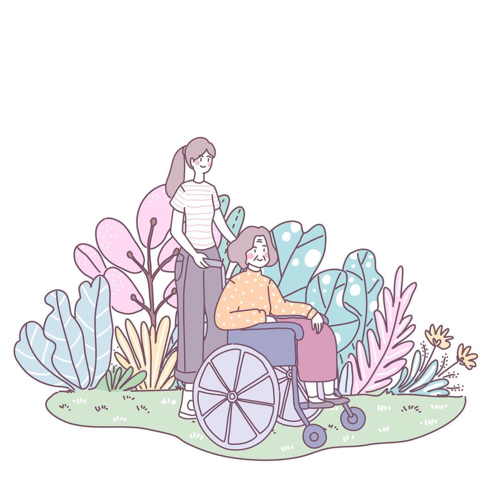 Daughter takes mother to sit Wilshere. Go for a walk on the lawn vector