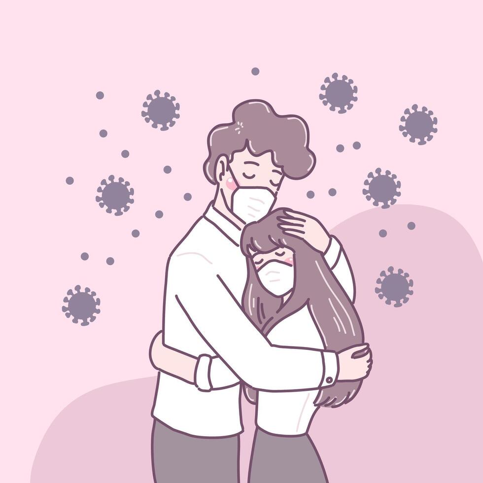 Young people wearing masks and embracing each other on days with the virus vector