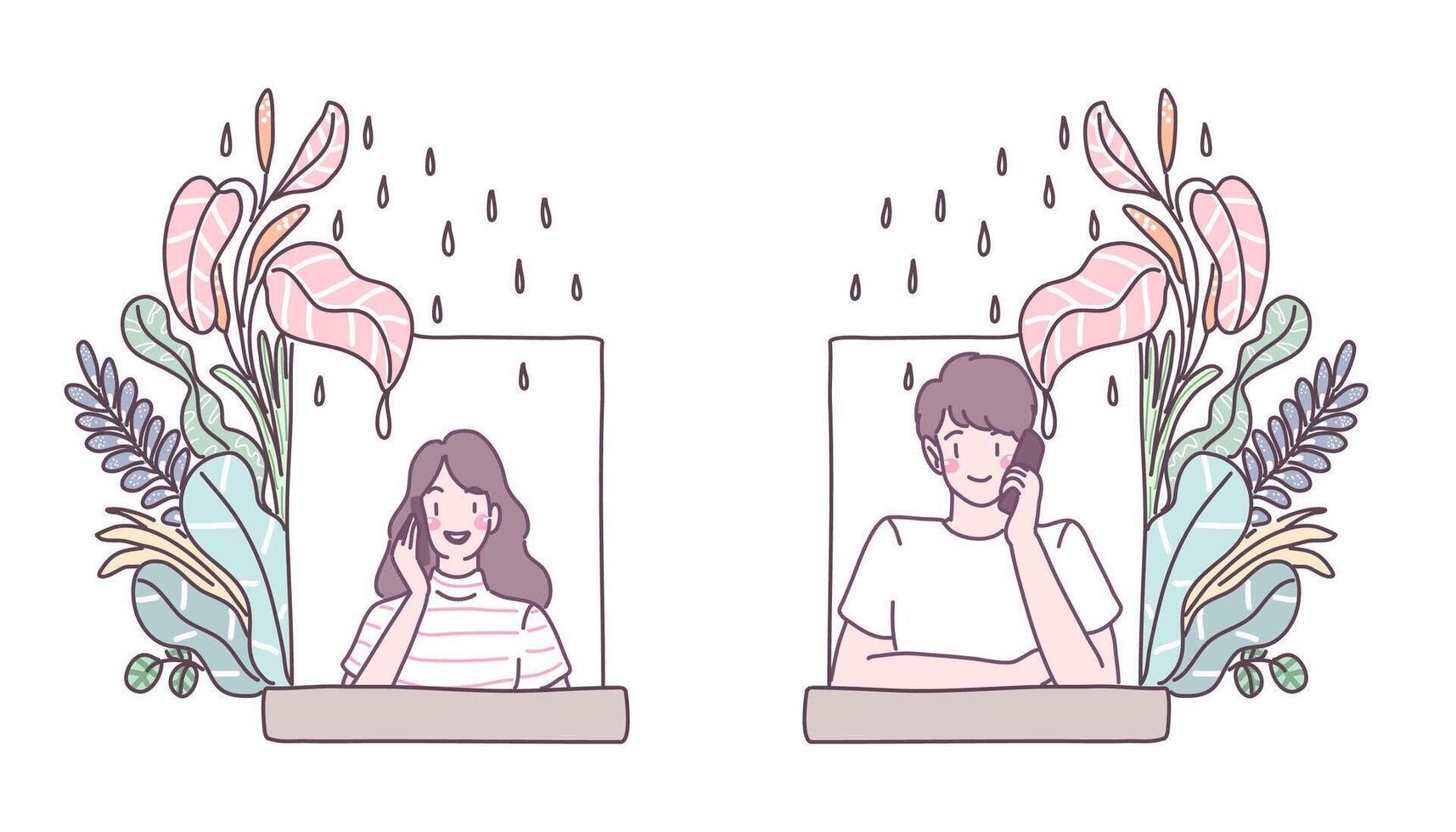 Young people talked to each other by phone in the window with flowers and rain. vector