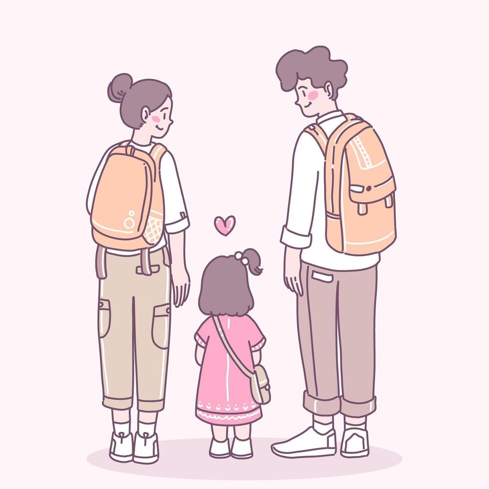 Father - mother backpacking to take her daughter out for a trip. vector