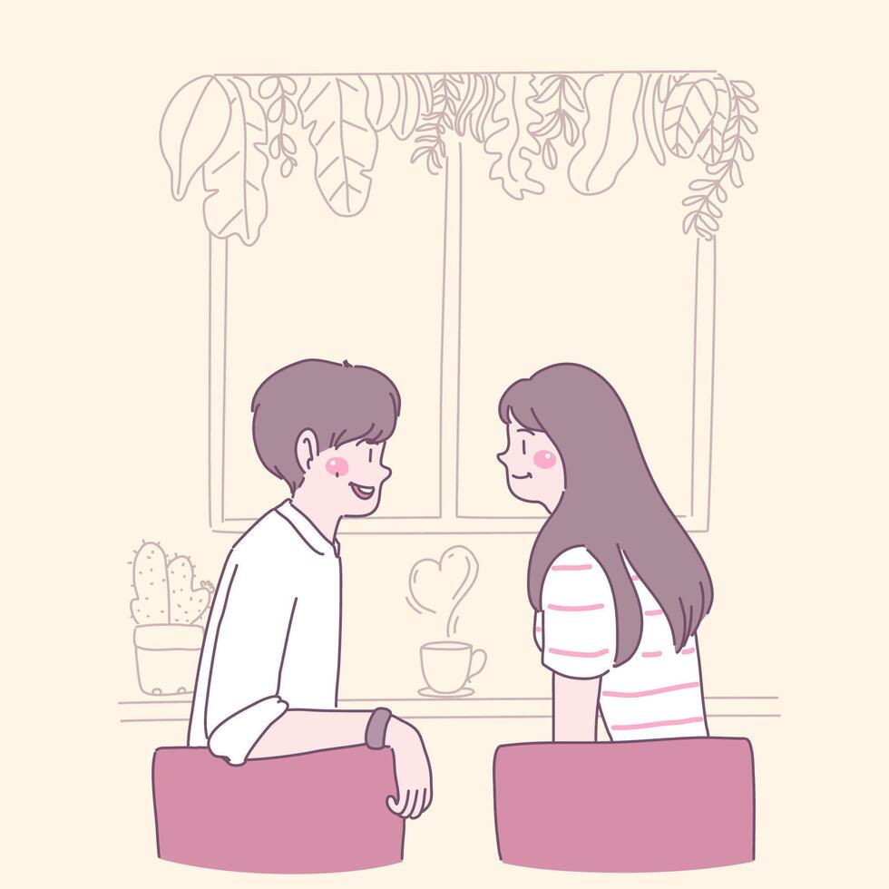 Young people in love sit on chairs and drink coffee by the window. vector