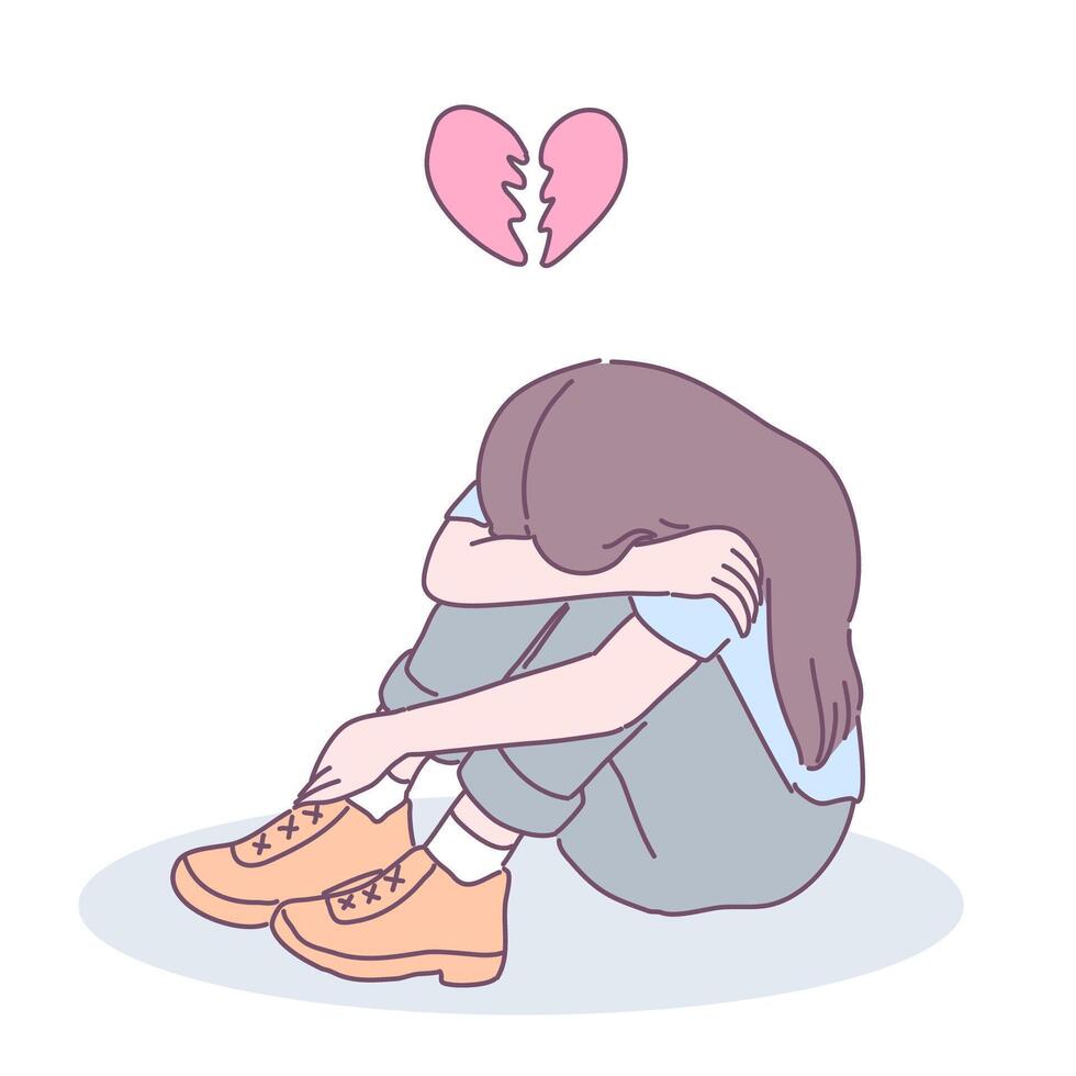 A heartbroken woman sitting in the house embracing him. vector