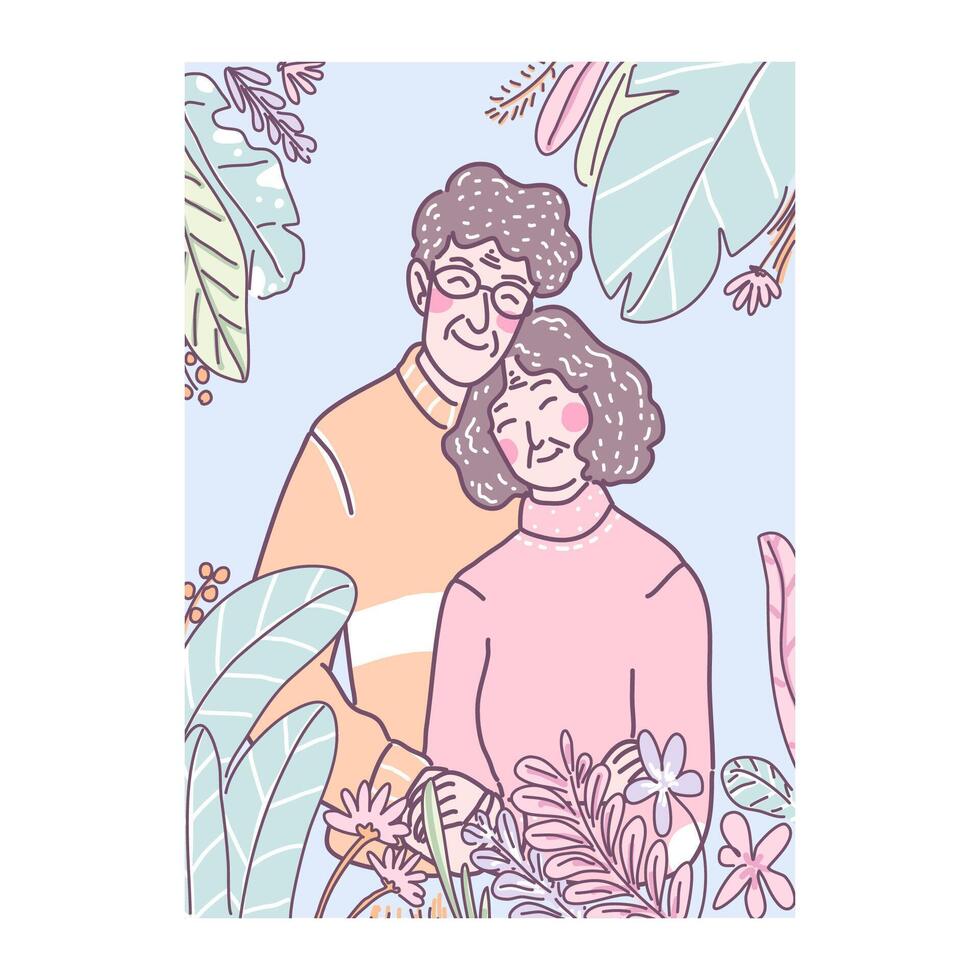 Grandpa and grandmother love standing in the flower garden. vector