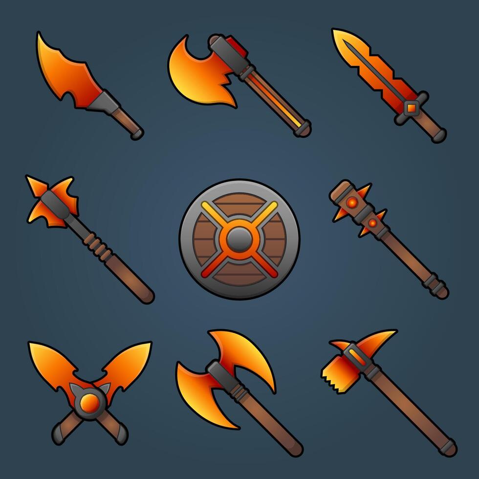 Cartoon weapon icons set with colorful sword, knife, sword, shield made of fire for game design isolated vector illustration