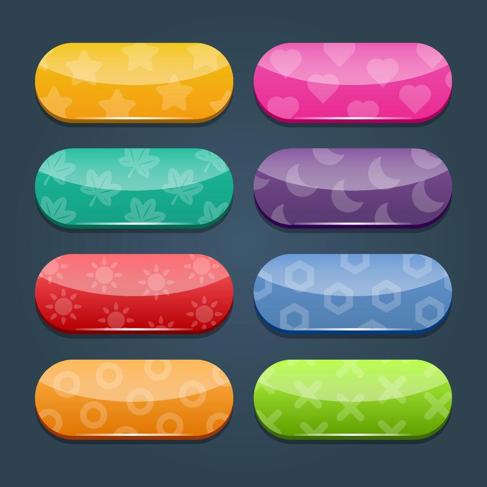 Colorful vector set of game buttons and frames. Elements for mobile applications. Options and selection windows, panel settings.