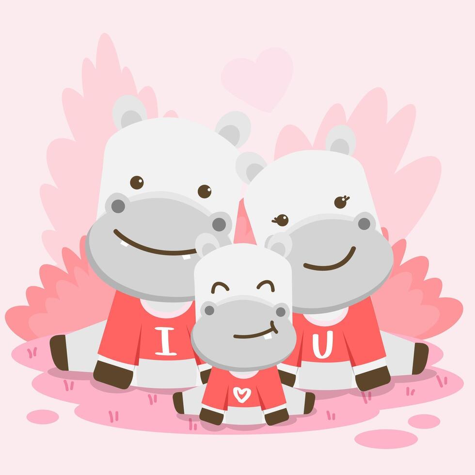 Cute Valentine's illustration cow and calf red and gray, sitting on the forest. Vector with animals in valentine days celebrations .