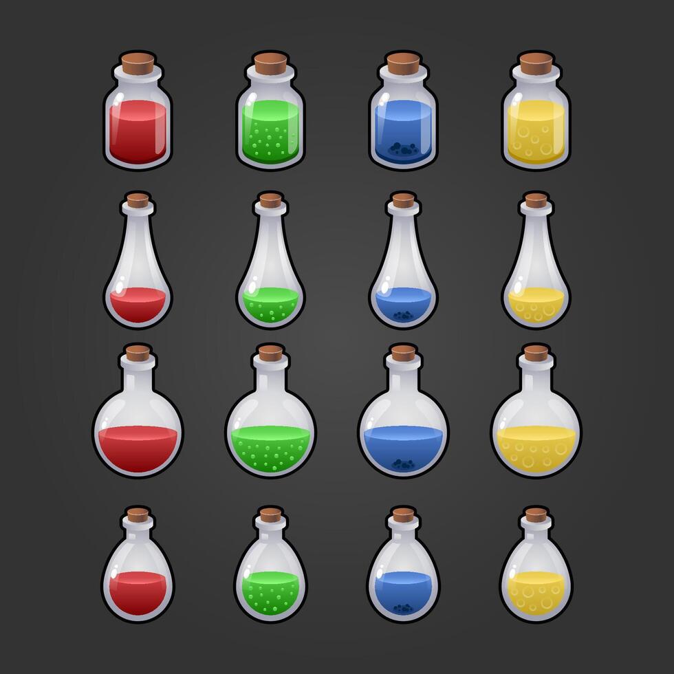 Game icon of magic elixir. Interface for mobile game. Magic bottles set. Vector illustration. Isolated on dark background.