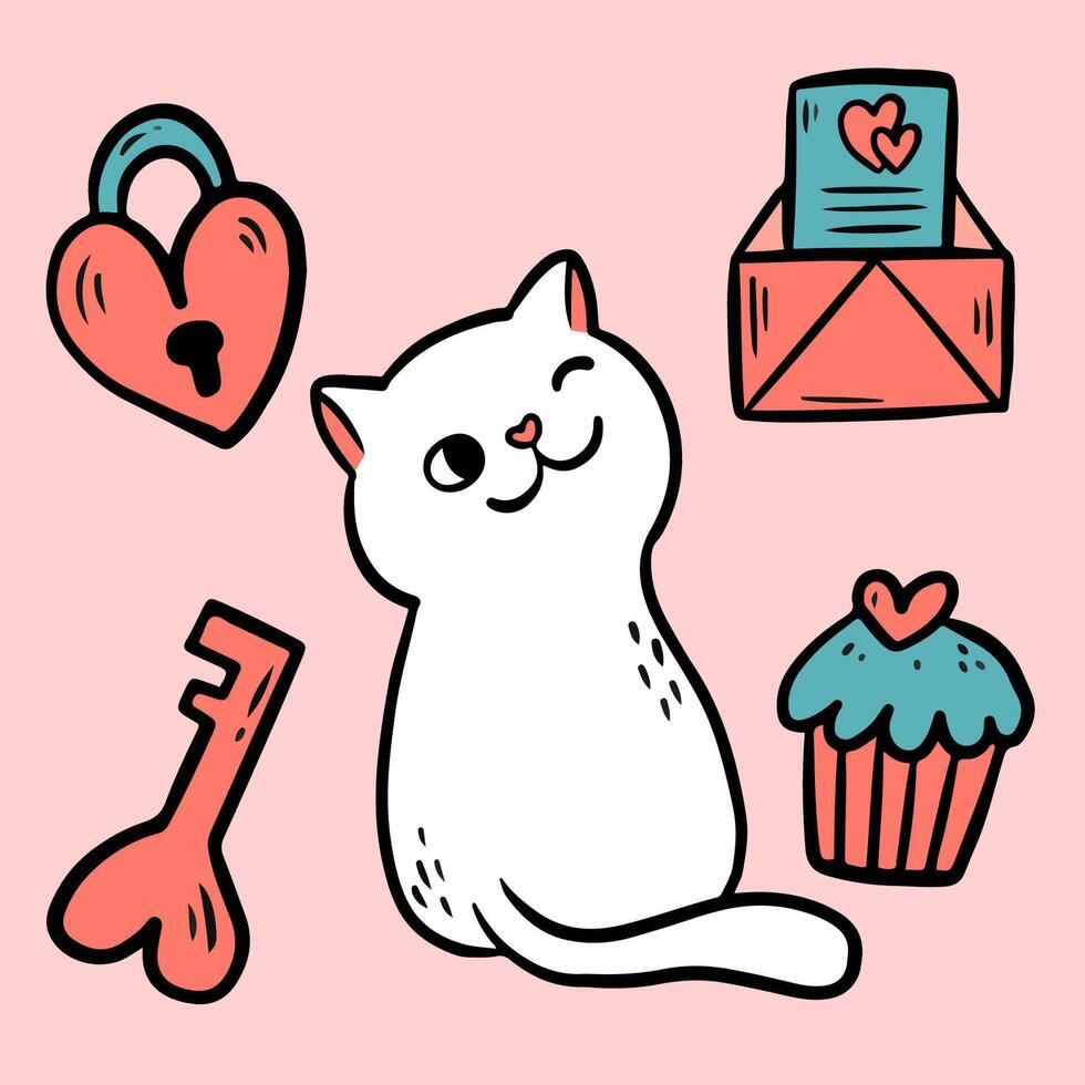 Cat feeling love and chilled. With envelope, cake, locker and key for valentine celebration. vector