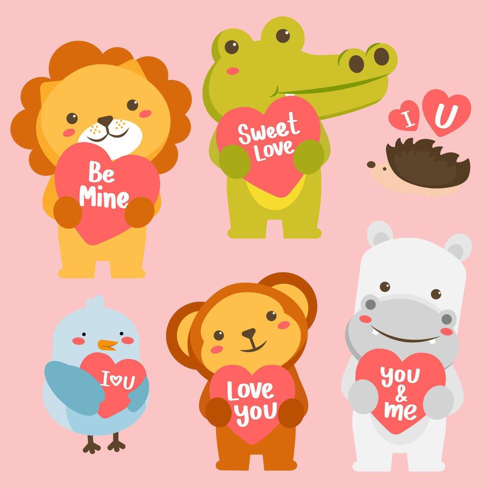 vector grande con animales en estilo de dibujos animados con signo de amor. colección de vectores para la celebración del día de San Valentín.