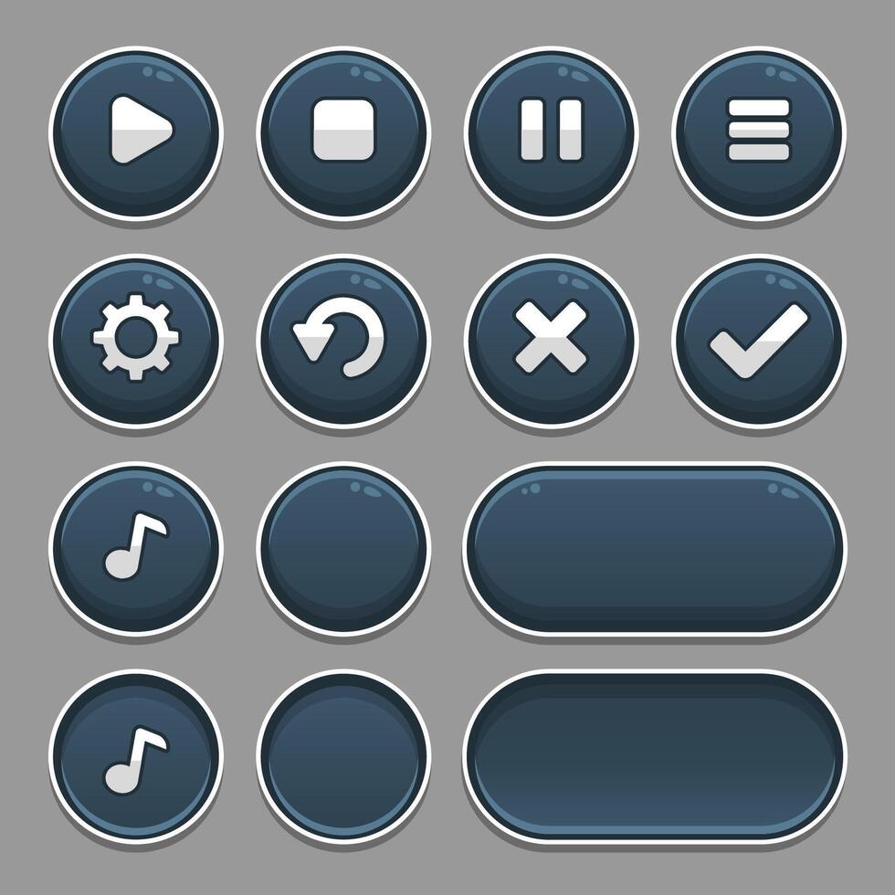 Dark set of game button elements and progress-bar, bright different forms buttons for games and app. vector