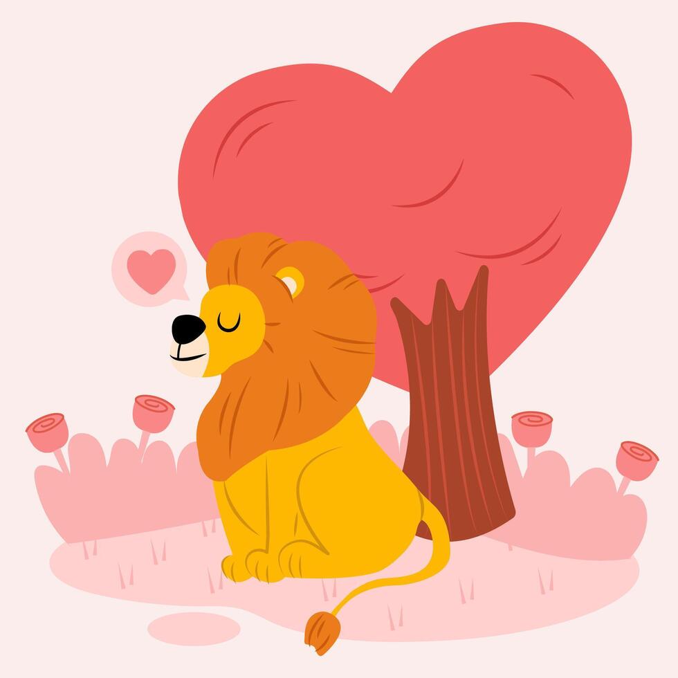Happy lion isolated on white background. Sitting under the love tree for a reluxe. Vector illustration