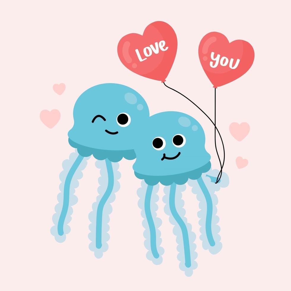 Cute octopus valentine day. Flying kite love in hand, vector illustration sea octopus