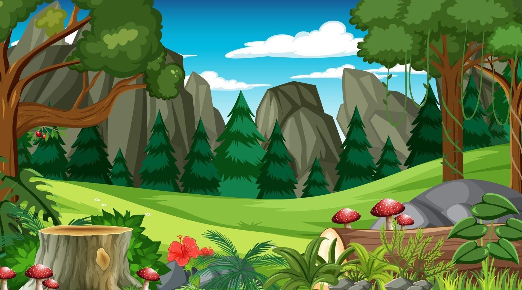 Forest scene with various forest trees and cliff background vector