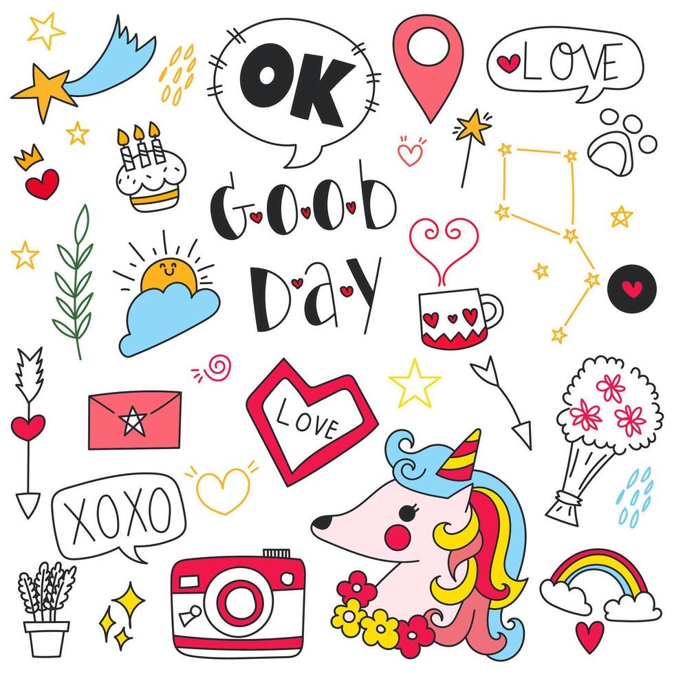 Hand drawn doodle set of objects and symbols of good day, birdsy day and decoration theme. Vector illustration.