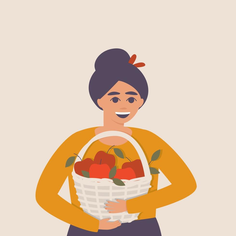 mujer feliz, con, un, canasta de manzanas, en, ella, manos vector