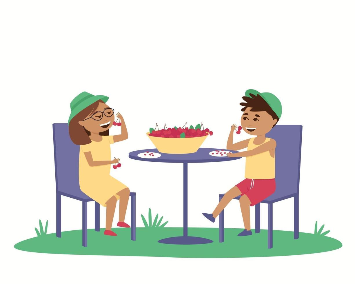 Children eat ripe cherries at a table outside vector