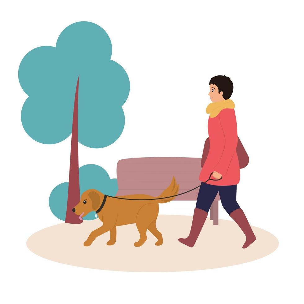mujer caminando con perro vector