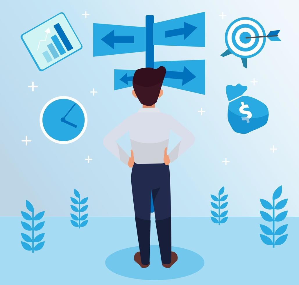 Serious, hardworking employee standing on the middle side , facing backward, holding his waist illustration, marketing strategy with graphs and symbols. Leadership vector