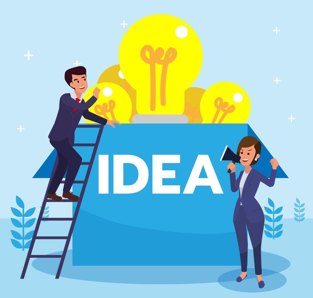 Business man searching for creative idea inspired by his boss. Business man climbing to find an idea above the box. Flat design vector illustration