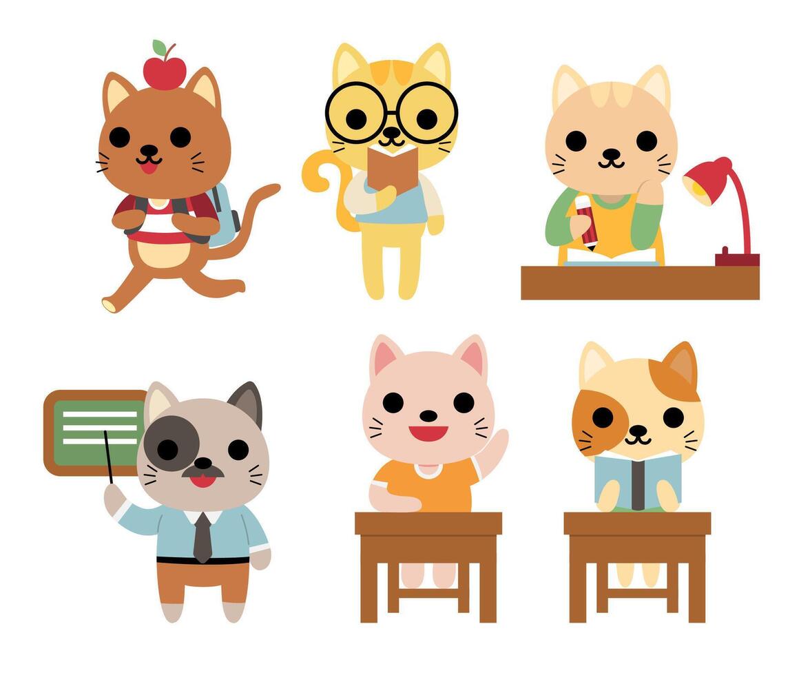 gran conjunto de animales aislados. colección de vectores de actividad, escuela, estudio, enseñanza, animales divertidos. gato de animales lindos en estilo de dibujos animados.